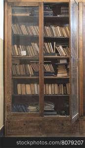 Old books in a vintage library shelfs