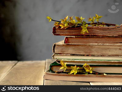 Old books on a wooden table. Branches of yellow leaves on the books. Concept background.. Old books on a wooden table. Branches of yellow leaves on the books.