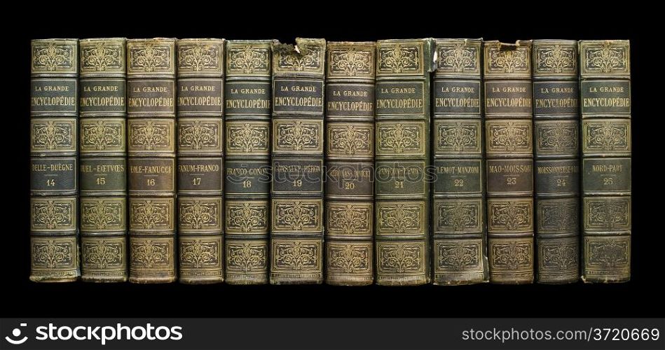 Old books on shelf. French encyclopedia