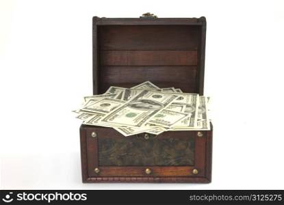 old box with money inside on white
