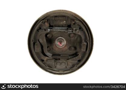 Old brake pads and cylinder brake drum, isolated on a white background