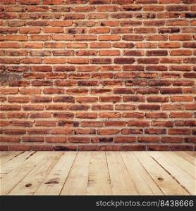 old brick and wood floor perspective interior room background with vintage toned.