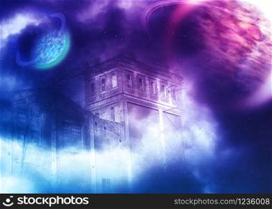 Old brick castle tower night scene with fantasy starry fog and planets background.