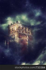 Old brick castle tower night scene with fantasy starry fog background.