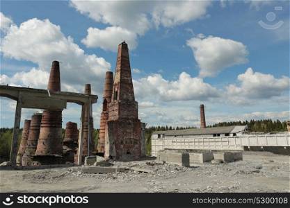 Old brick pipes of abandoned marble factory in Ruskeala, Karelia republic, Russia