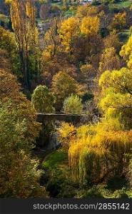 Old bridge over river in autumn landscape