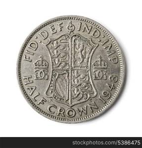 Old British half crown coin isolated on white