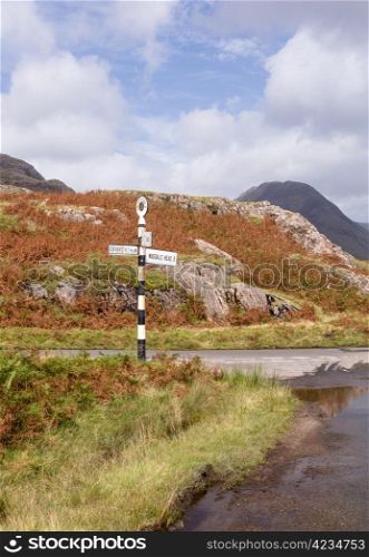 Old british road sign in Lake District at Wasdale or Wastwater