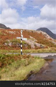 Old british road sign in Lake District at Wasdale or Wastwater