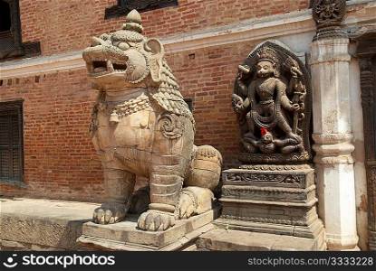 Old buddhistic statues on Bhaktapur Square. Kathmandu, Nepal
