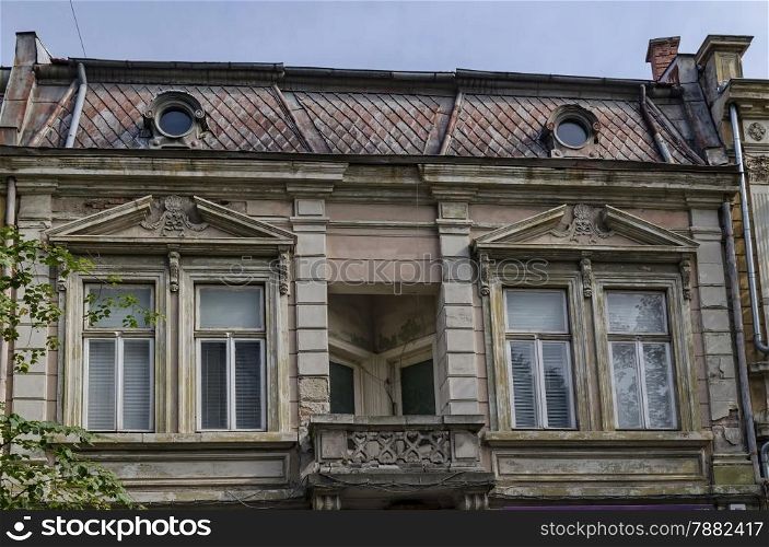 Old building facade with ornament in Ruse town, Bulgaria
