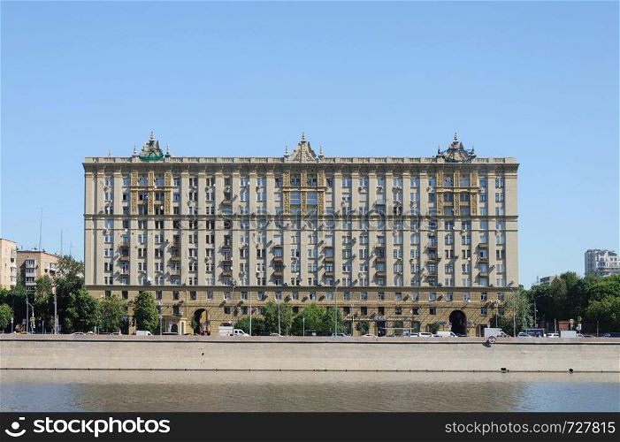 Old building on Krasnopresnenskaya Embankment (Stalin's Empire) in Moscow, Russia
