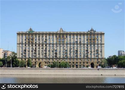Old building on Krasnopresnenskaya Embankment (Stalin's Empire) in Moscow, Russia