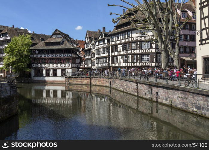 Old buildings in the historic Little Venice area of the city of Strasbourg in the Alsace region of France. This area of the city is a UNESCO World Heritage Site.