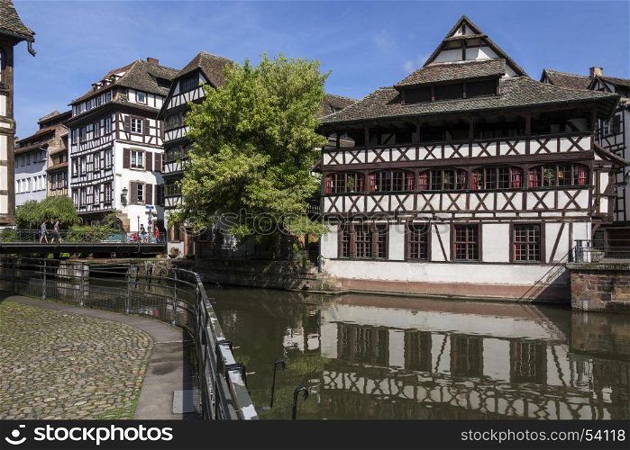 Old buildings in the historic Little Venice area of the city of Strasbourg in the Alsace region of France. This area of the city is a UNESCO World Heritage Site.