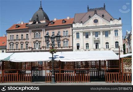Old buildings on the main square of Novi Sad, Serbia