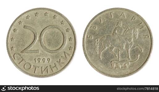 Old Bulgarian coin on the white background, stotinki (1999 year)