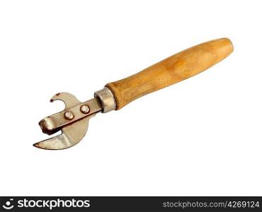 Old can opener with wooden handle isolated on white background
