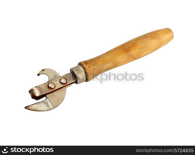 Old can opener with wooden handle isolated on white background