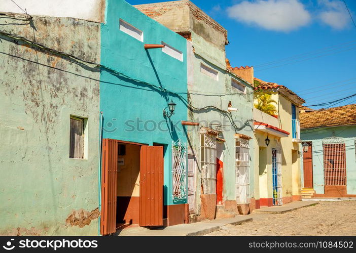 Old Caribbean colorful houses, across the street in the center Trinidad, Cuba