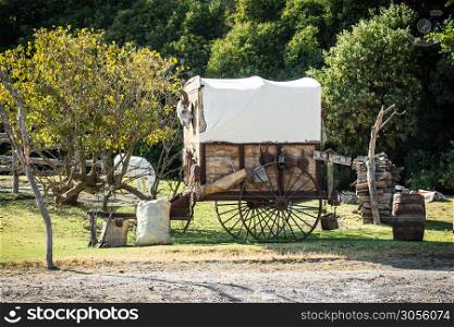 Old carriage wagon with a horse in the back. Old wagon with a horse in the back