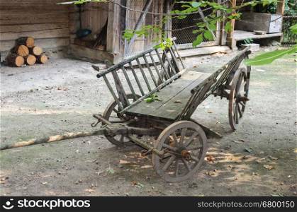 Old cart with wooden wheels in the courtyard of a peasant house