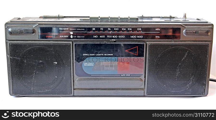 old cassette tape-recorder on white background