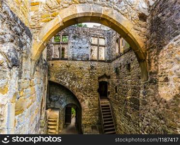 Old castle, grunge ruins, ancient stone building structure, Europe. Traditional european architecture, famous places for tourism and travel