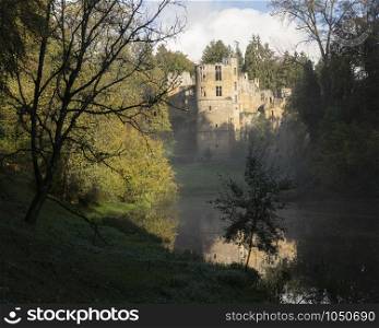 old castle of beaufort in luxemburg seen from side of pond on misty morning with tree silhouette