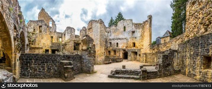 Old castle ruins, ancient stone building, Europe, panorama. Traditional european architecture, famous places for tourism and travel