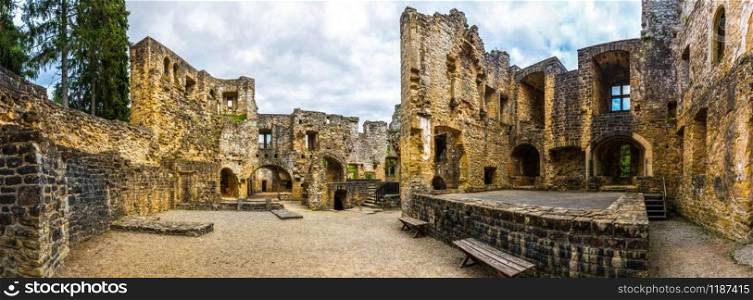 Old castle ruins, ancient stone building, Europe, panorama. Traditional european architecture, famous places for tourism. Old castle ruins, ancient stone building, panorama