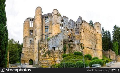 Old castle ruins, ancient stone building, general view, Europe. Traditional european architecture, famous places for tourism and travel