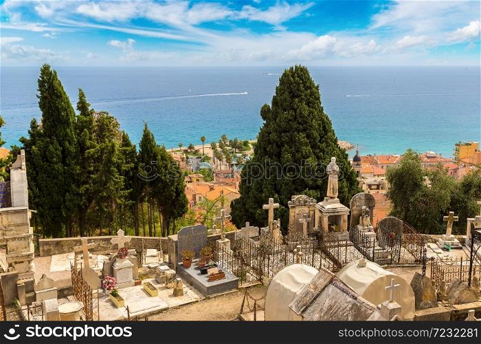 Old cemetery in Menton with a panoramic view on Mediterranean sea on french Riviera in a beautiful summer day, France