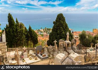 Old cemetery in Menton with a panoramic view on Mediterranean sea on french Riviera in a beautiful summer day, France