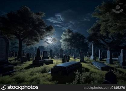 Old cemetery on a moonlit night. Graveyard horror concept. Generate Ai. Old cemetery on a moonlit night