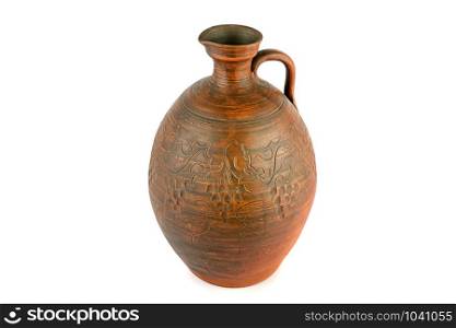 Old ceramic pot - kitchen retro equipment of cooking isolated on white background.