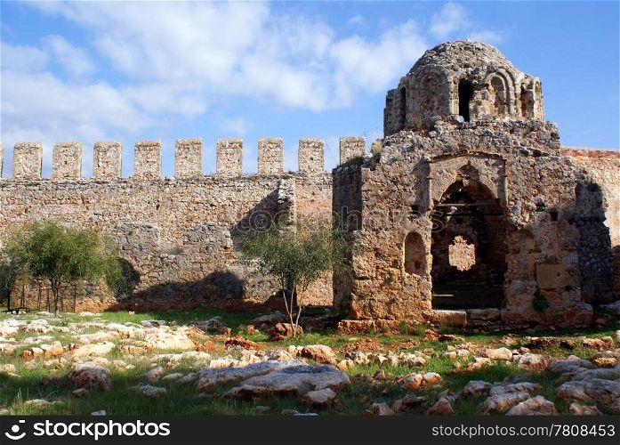 Old chapel and wall of castlle in Alanya