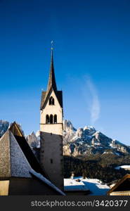 Old Church In Italian Alp Mountains. Winter Travel Series.