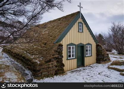 Old church of the village Hof during winter, Iceland
