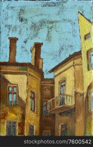 Old City Buildings. The small oil painting (22,5x32,5 cm) on a rough canvas. There are the old city buildings, the chimneys and the sky above it. .