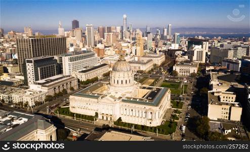 Old City Hall stands majestic in the urban landscape downtown of San Francisco CA