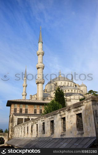 Old City of Istanbul in Turkey historic architecture, minarets and domes of the Sultan Ahmed Mosque (Blue Mosque).