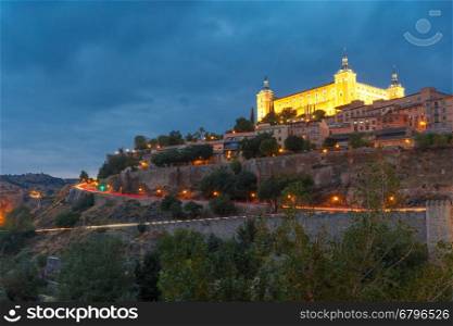 Old city of Toledo with Alcazar at night, Castilla La Mancha, Spain