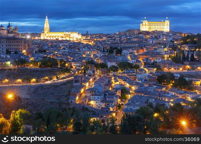 Old city of Toledo with Cathedral and Alcazar at night, Castilla La Mancha, Spain