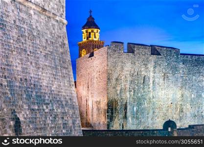 Old city walls in Old Town of Dubrovnik at night in Dubrovnik, Croatia. Old Town of Dubrovnik, Croatia