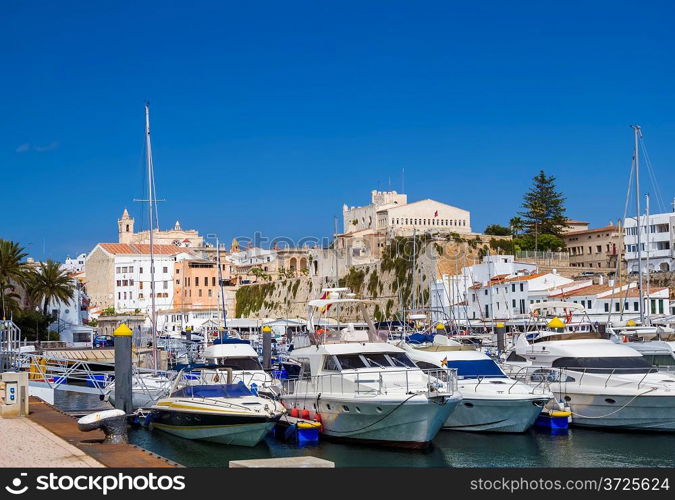 Old Ciutadella town harbour in sunny day. Menorca, Spain.