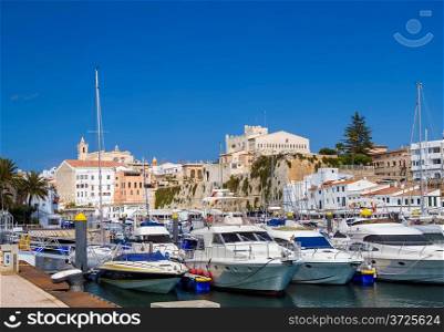 Old Ciutadella town harbour in sunny day. Menorca, Spain.