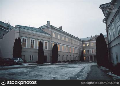 Old classical building in Vilnius old town. Winter season
