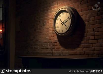 Old clock on brick wall. Retro time concept. Generate Ai. Old clock on brick wall. Generate Ai