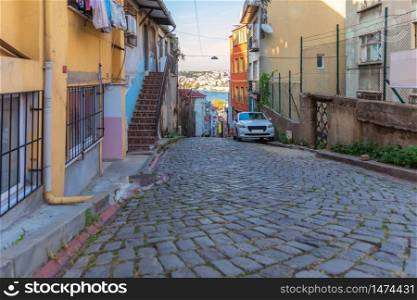 Old cobblestone street of Istanbul, Turkey, Balat district.. Old cobblestone street of Istanbul, Turkey, Balat district